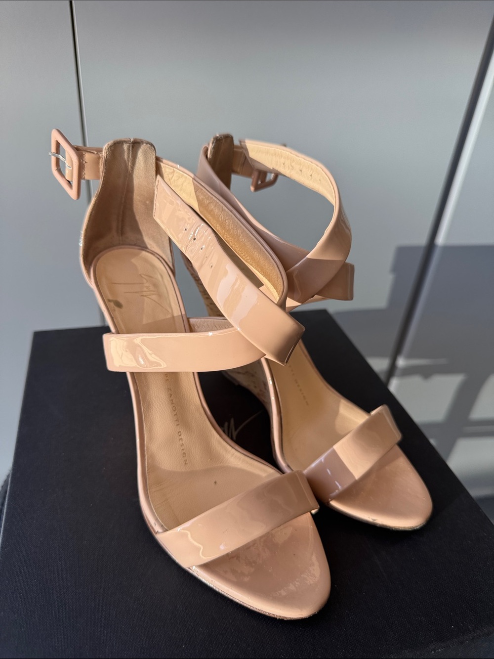 Giuseppe Zanotti Nude Patent Leather Strappy Wedges Heels